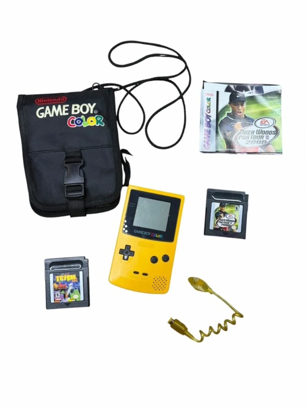 Vintage Yellow Game Boy Color with Carrying Case, Worm Light & Two Games